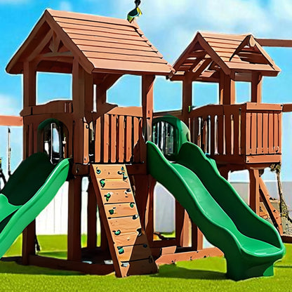 Wooden Outdoor Swing Set Playground with Double Slides, Swings & Climbing Wall – Large Backyard Playhouse for Kids