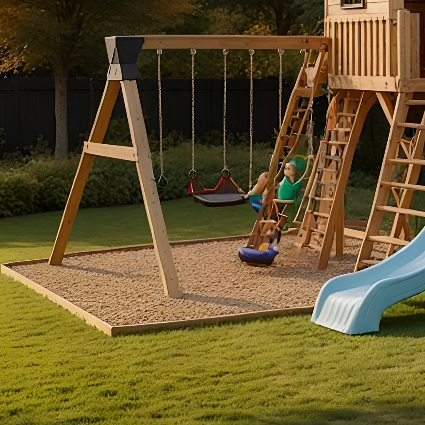 Sturdy Outdoor Wooden Swing Set with Slide & Sandbox – Backyard Playhouse Tower