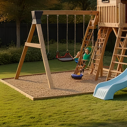 Sturdy Outdoor Wooden Swing Set with Slide & Sandbox – Backyard Playhouse Tower