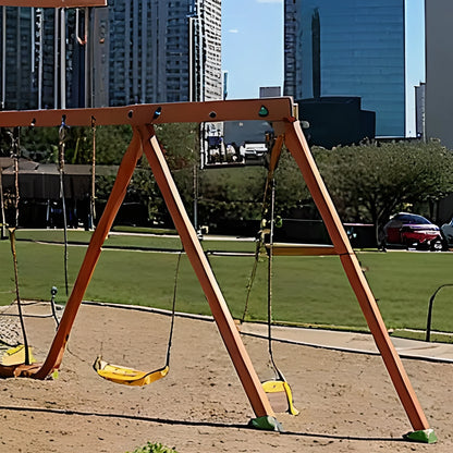Outdoor Wooden Playset with Playhouse, Swings, Rock Wall & Double Slide for Kids