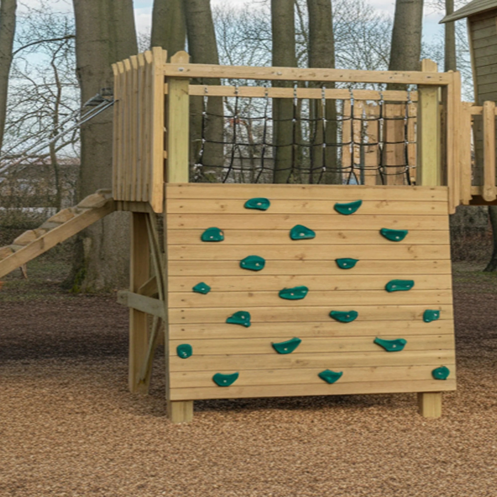 Wooden Playhouse with Dual Slides & Climbing Wall | 22x12x9 ft Backyard Playground
