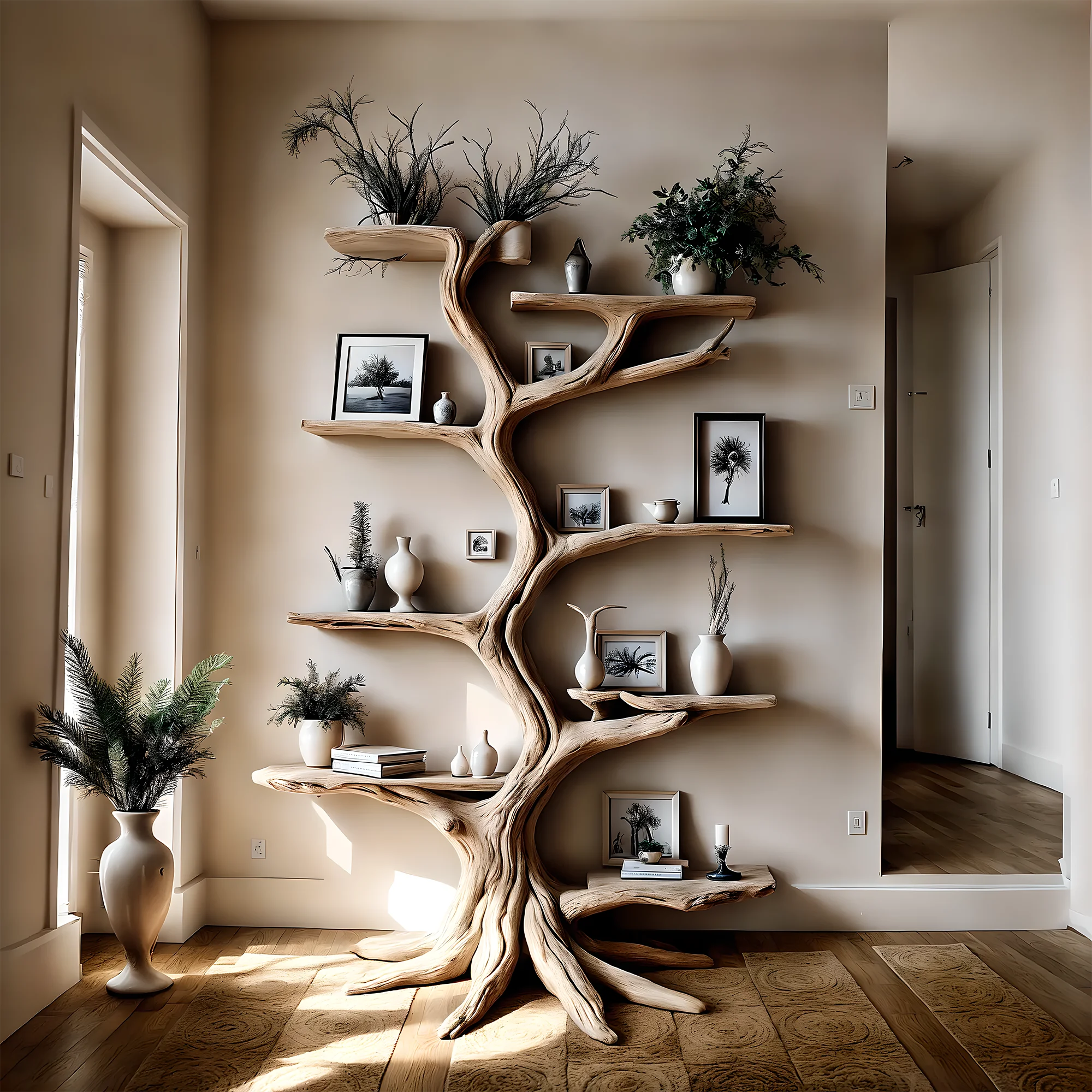 bookshelf, tree-shaped bookshelf, solid wood, teak wood, driftwood, home decoration, life gift 