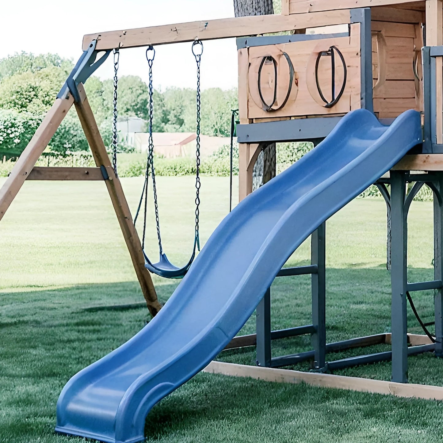 Deluxe Wooden Swingset with Double Wave Slides & Clubhouse Tower