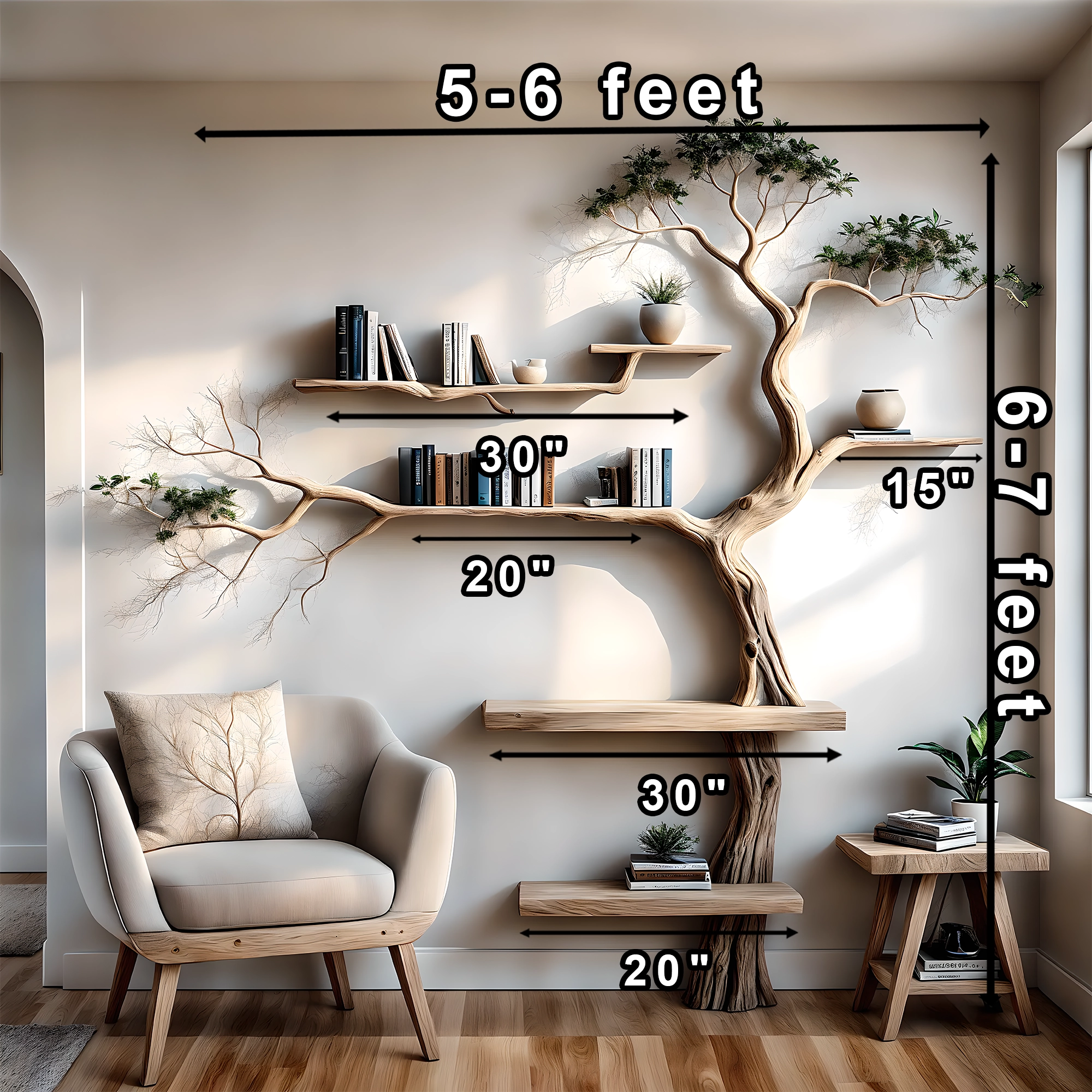 -Handmade wall-mounted solid wood tree branch bookshelf for interior decoration 