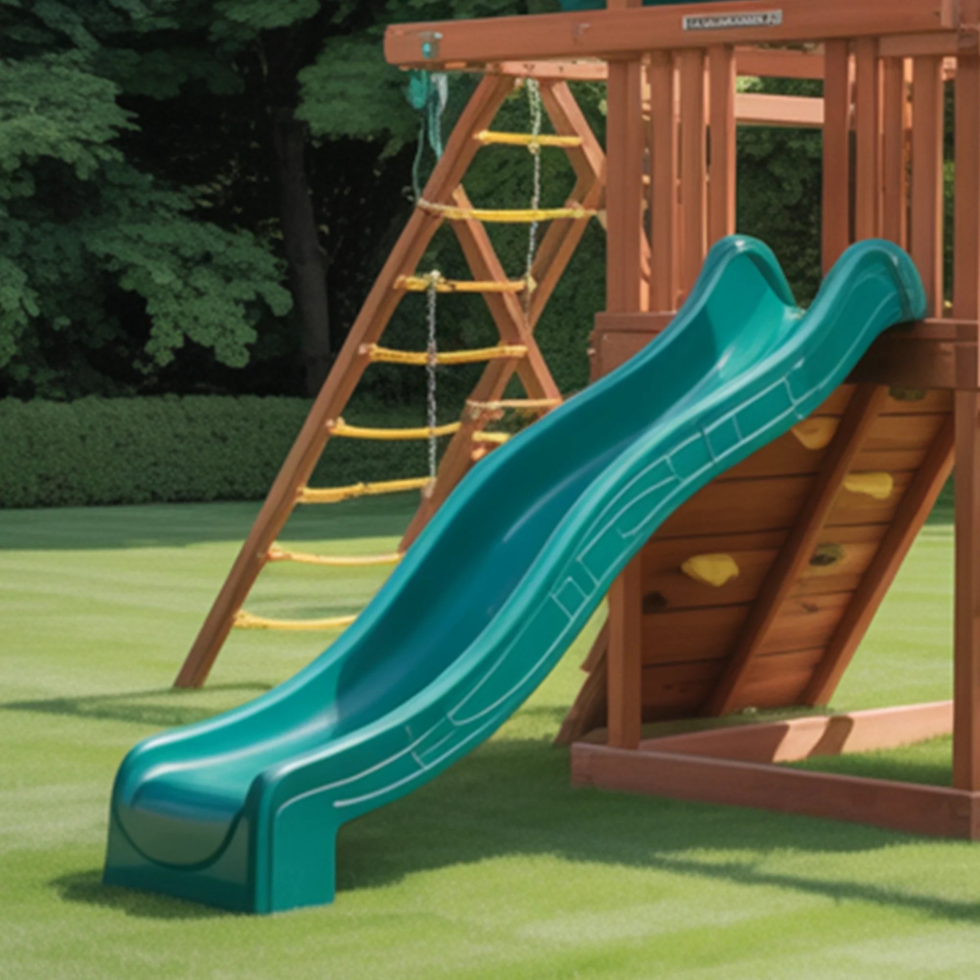 Backyard Wooden Playset with Double Swing, Rock Climbing Wall, Green Slide & Canopy Roof – Outdoor Adventure Playground, 22x10x9ft