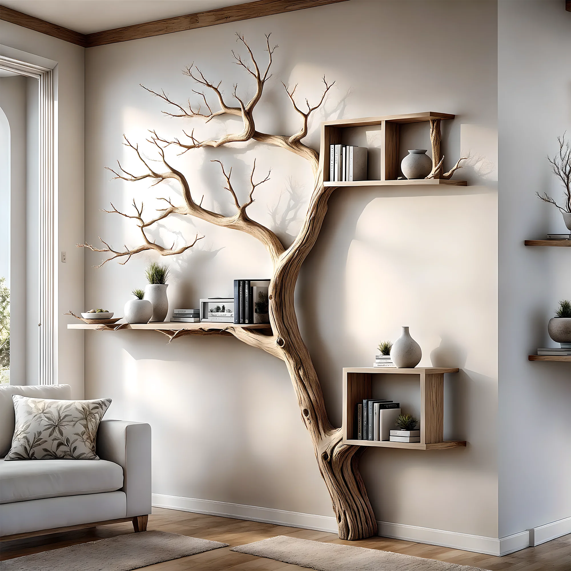 Tree-shaped bookshelf with box-shaped shelf decorates the corner of the wall 