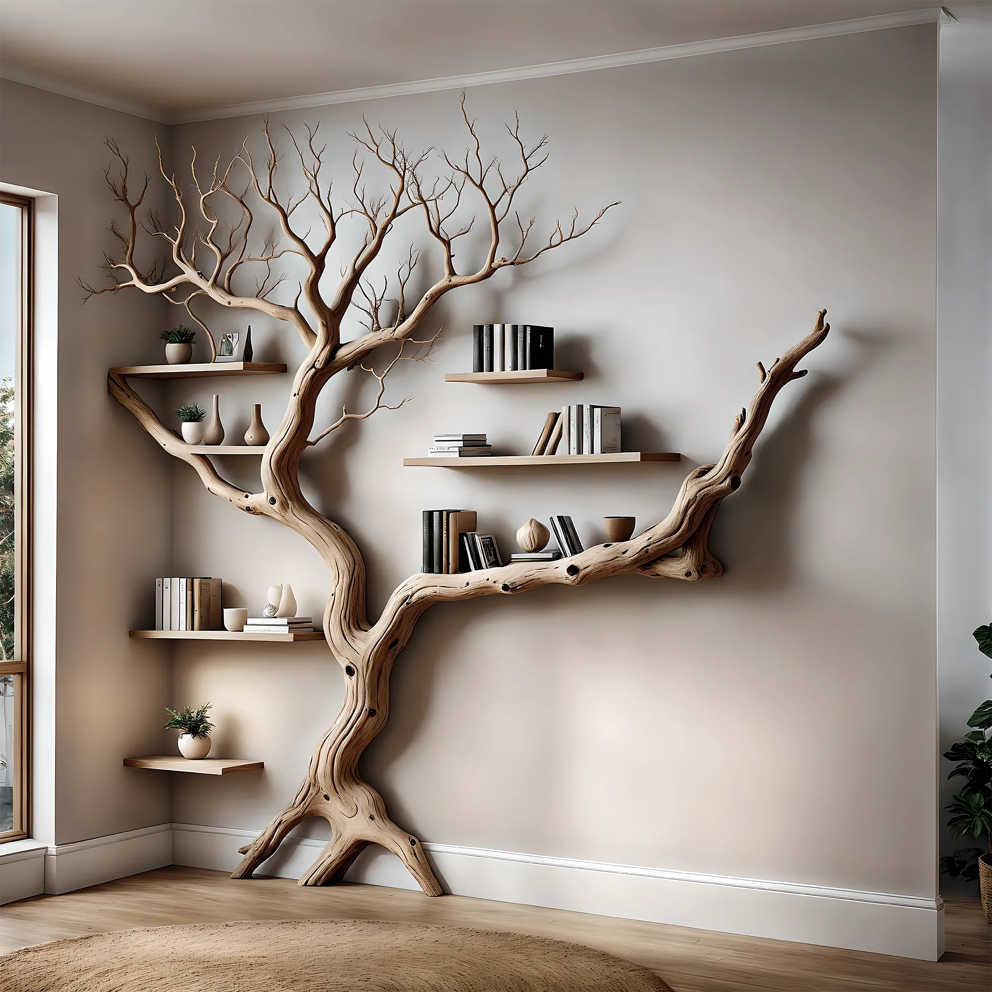 Decorative bookshelf made of solid driftwood for home decoration 