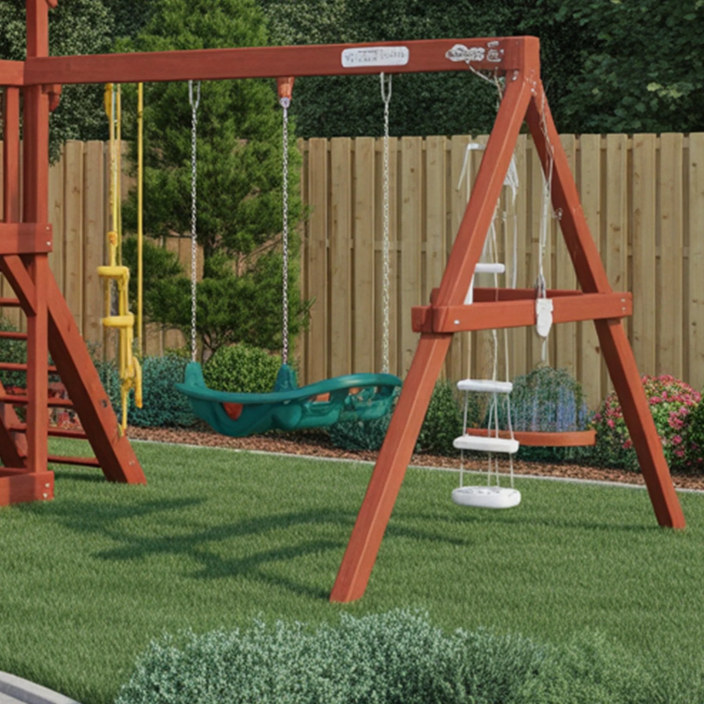 Wooden Playhouse with Slide & Swings | 12x12x9 ft Outdoor Backyard Playground for Kids