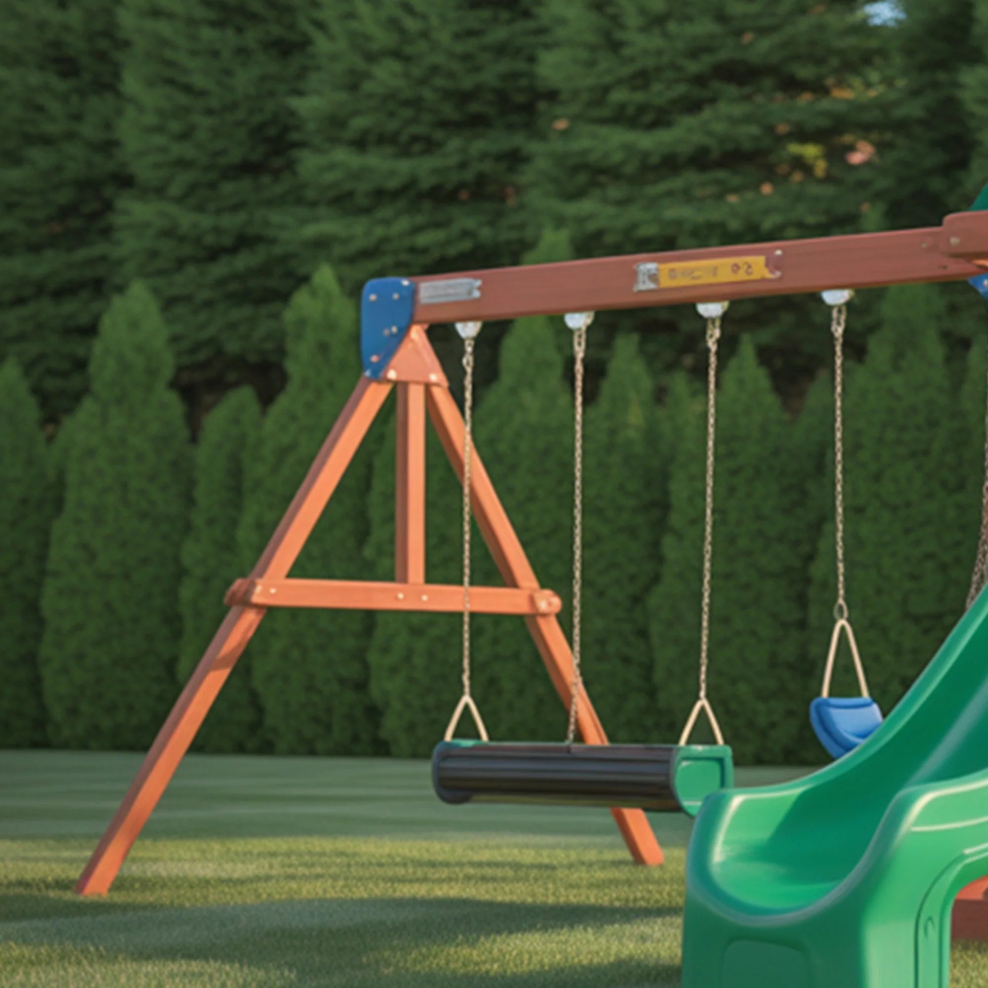 Outdoor Wooden Playset with Double Swings, Green Wave Slide & Climbing Wall | 22ft x 10ft x 9ft Backyard Adventure Set