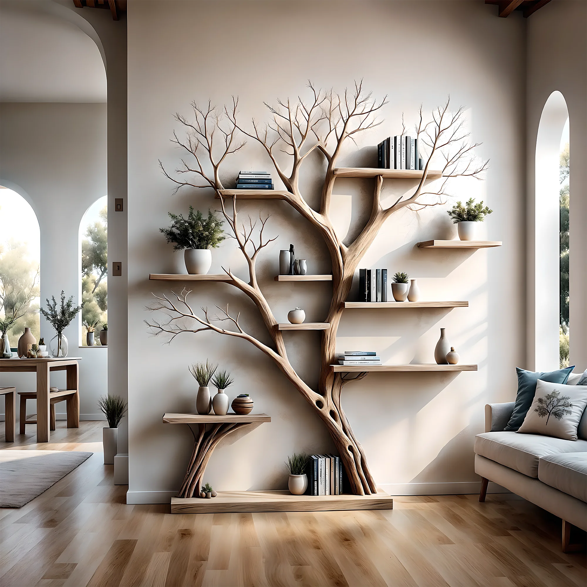 Tree-shaped bookshelf with side table, floating shelf, decorative shelf, children's bookshelf displaying souvenirs 