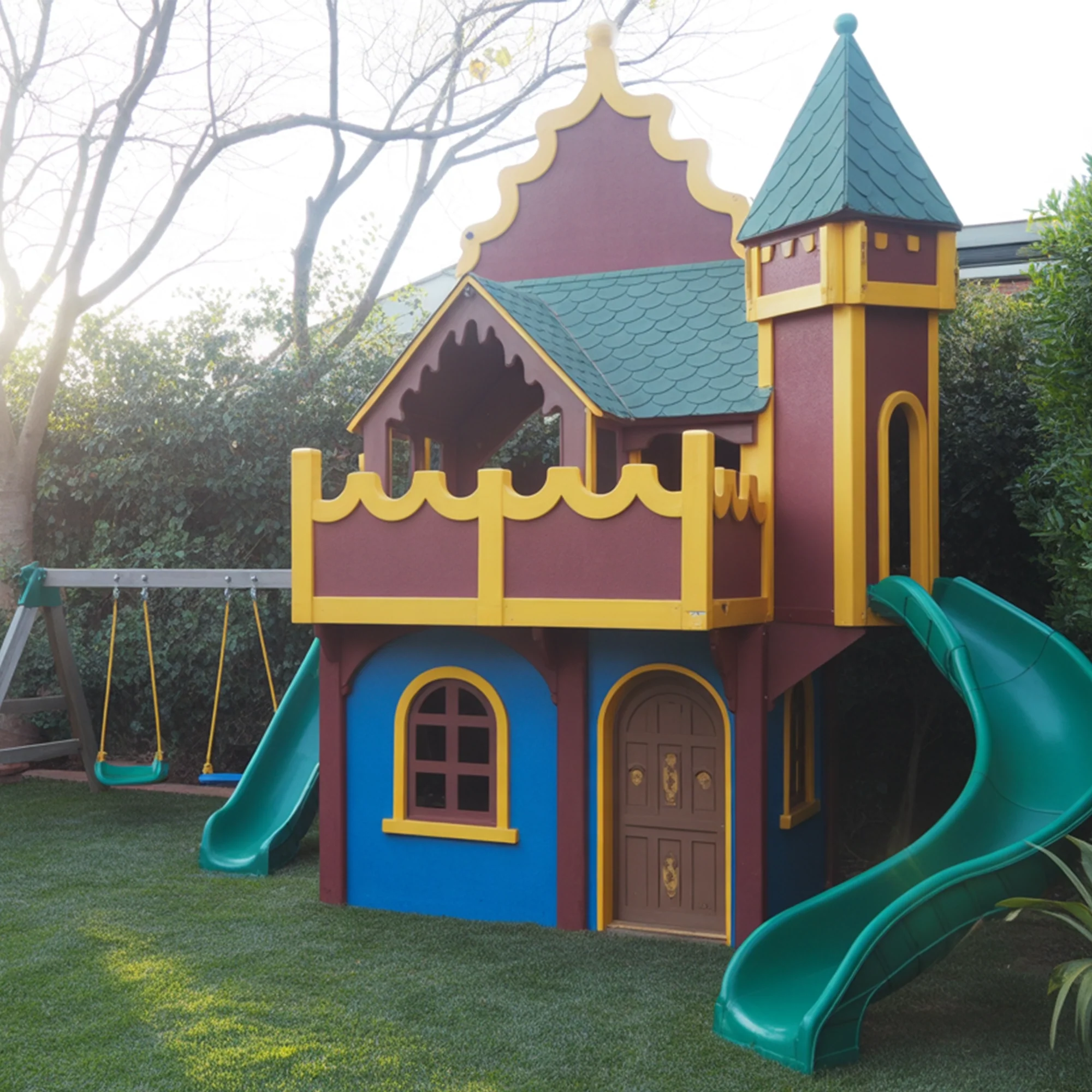 Wooden Castle Playhouse with Tower & Slides | Luxury Outdoor Playground with Swings for Kids Backyard Adventure
