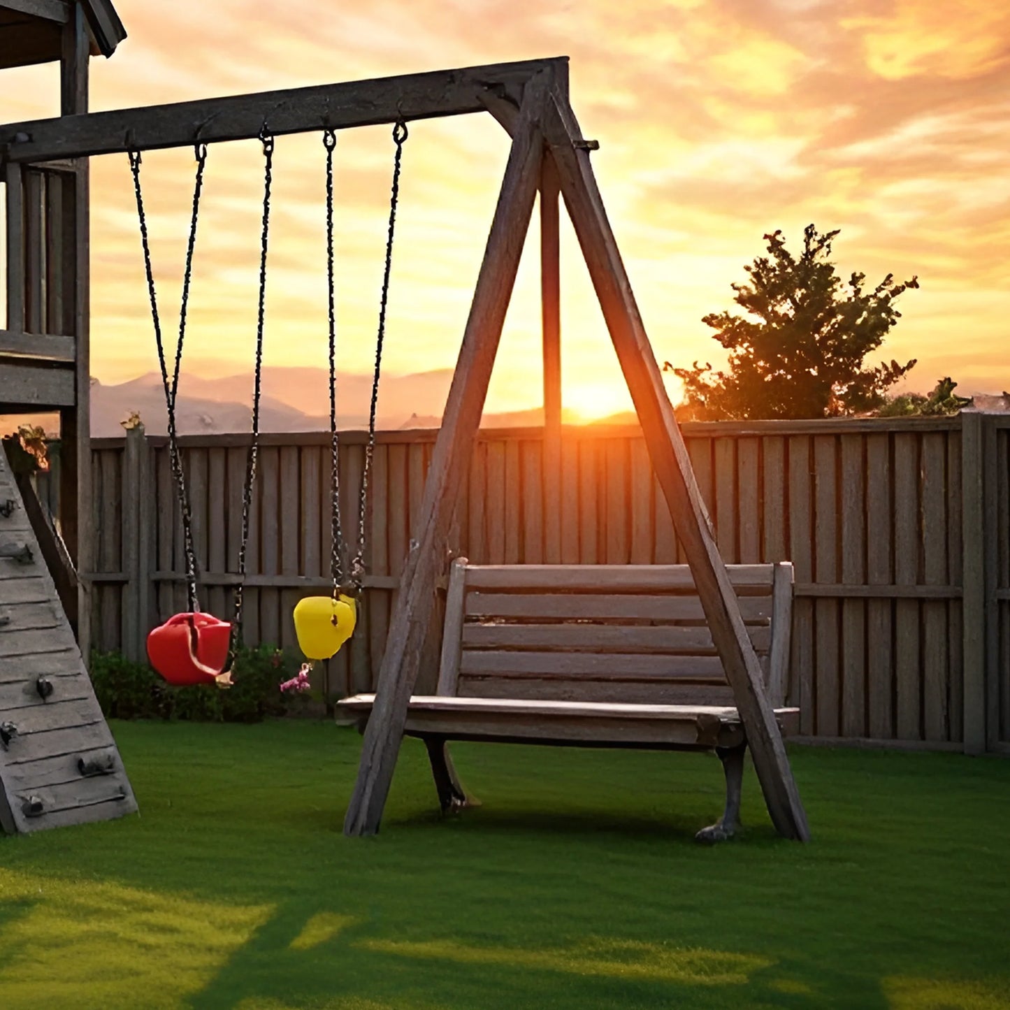 Backyard Wooden Playhouse with Swings, Slide & Climbing Ladder – Safe Kids Playground