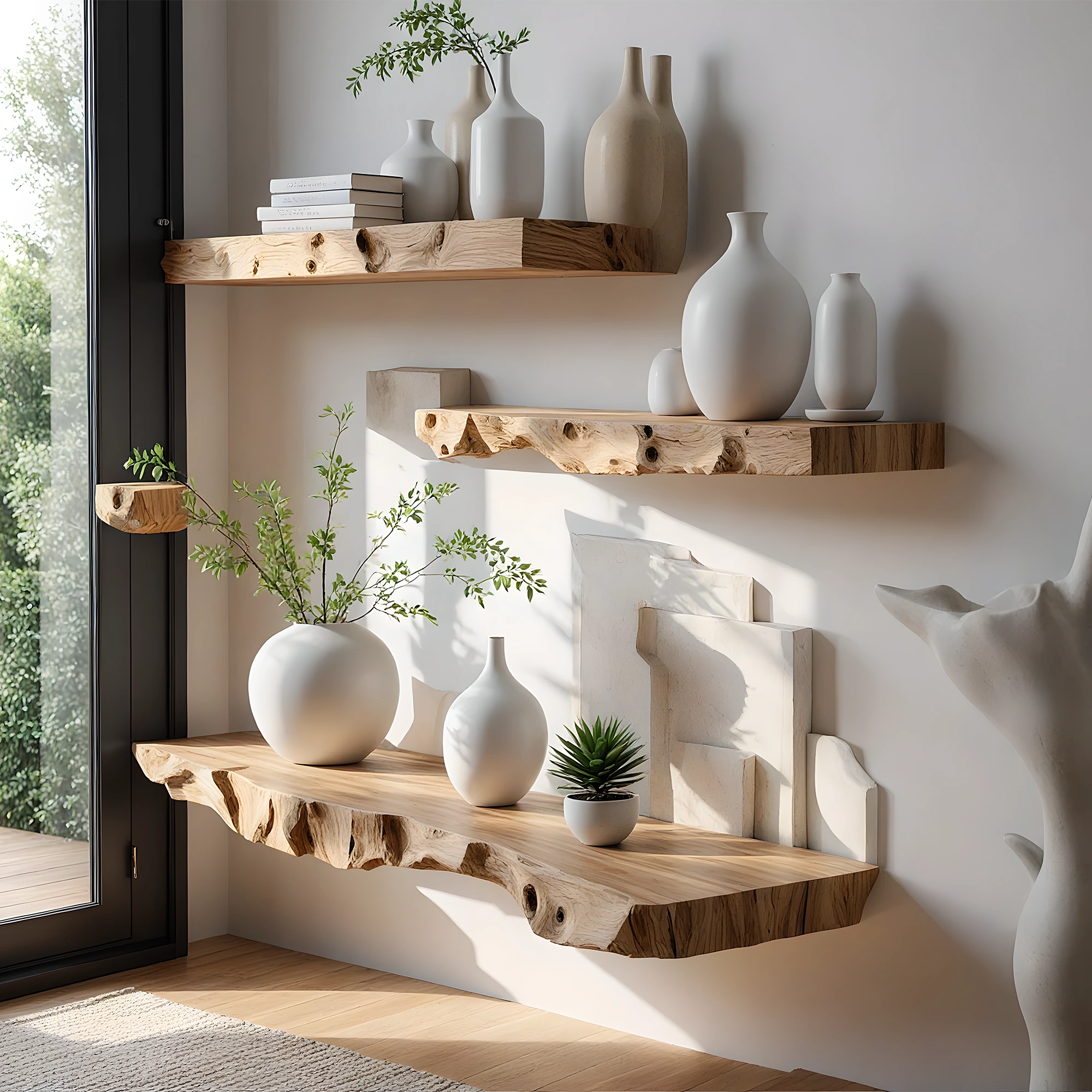 Book shelves, floating wooden shelves, monolithic shelves 