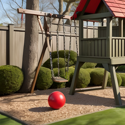 Backyard Wooden Playhouse Swing Set – Double Swings, Slide & Play Area for Kids