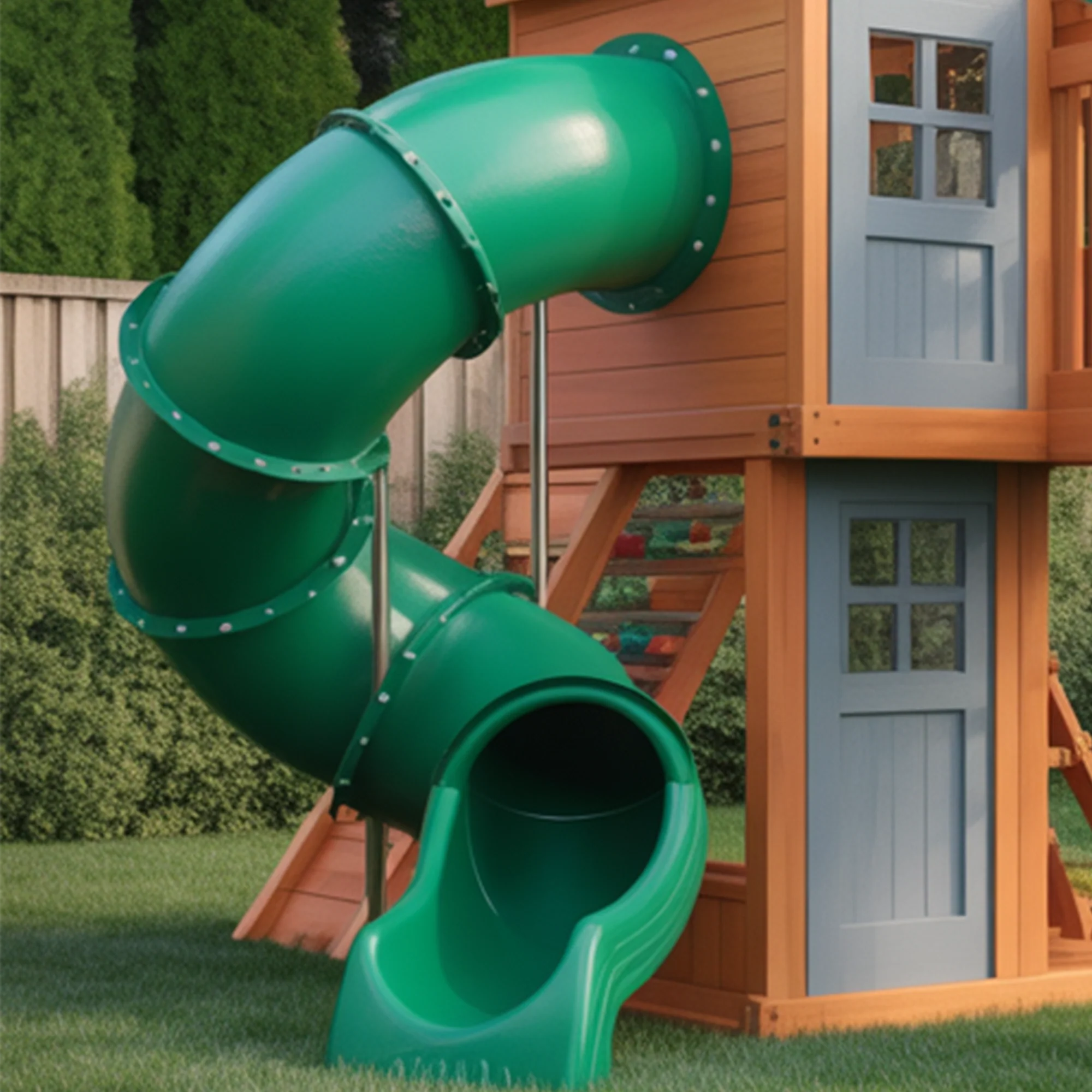 Deluxe Wooden Playset with Spiral Tube Slide, Dual Swings & Ladder – Outdoor Backyard Playground 16ft x 10ft x 9ft