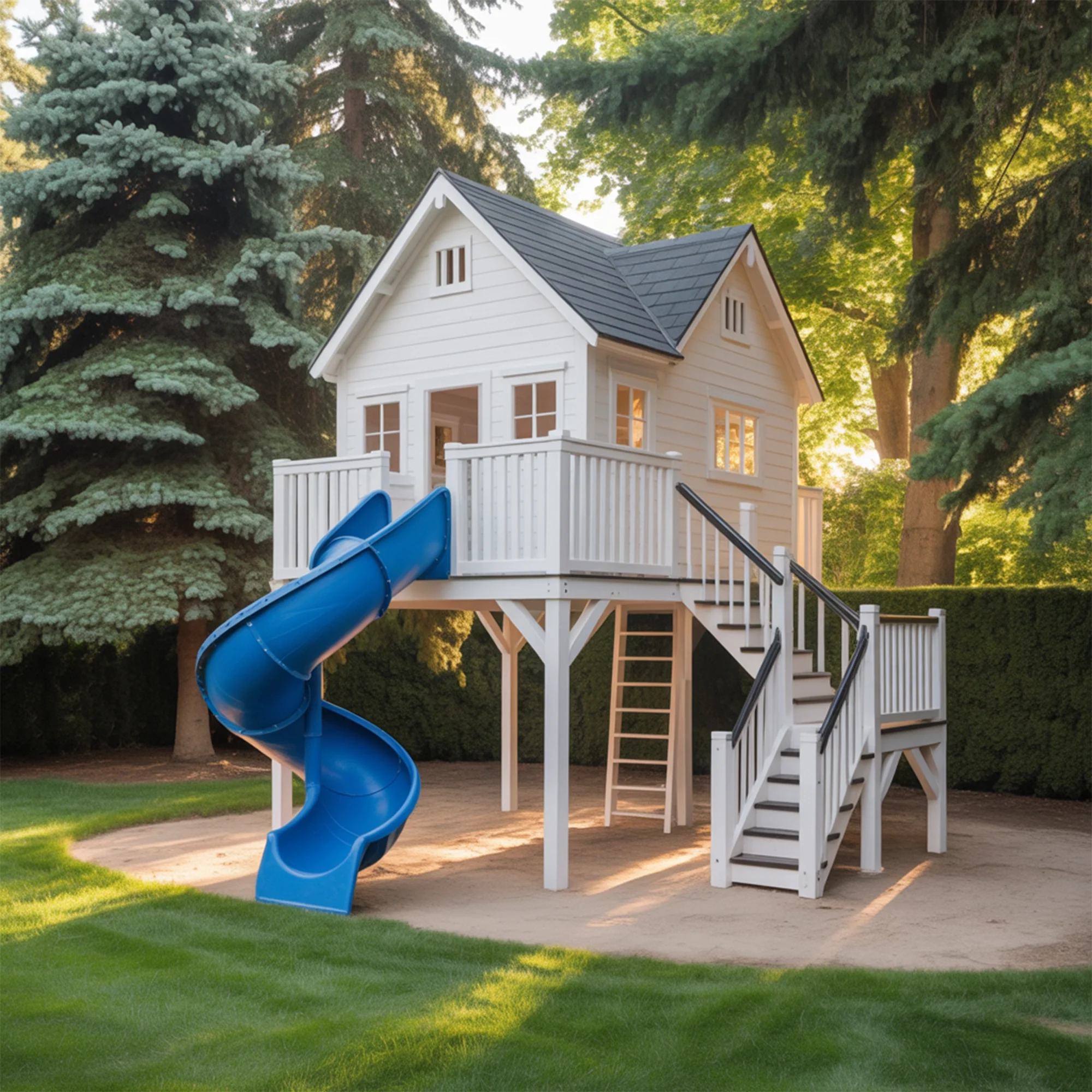 Deluxe Wooden Playhouse with Spiral Blue Slide, Double Staircase & Balcony – Outdoor Kids Playset 24x10 ft | Backyard Adventure