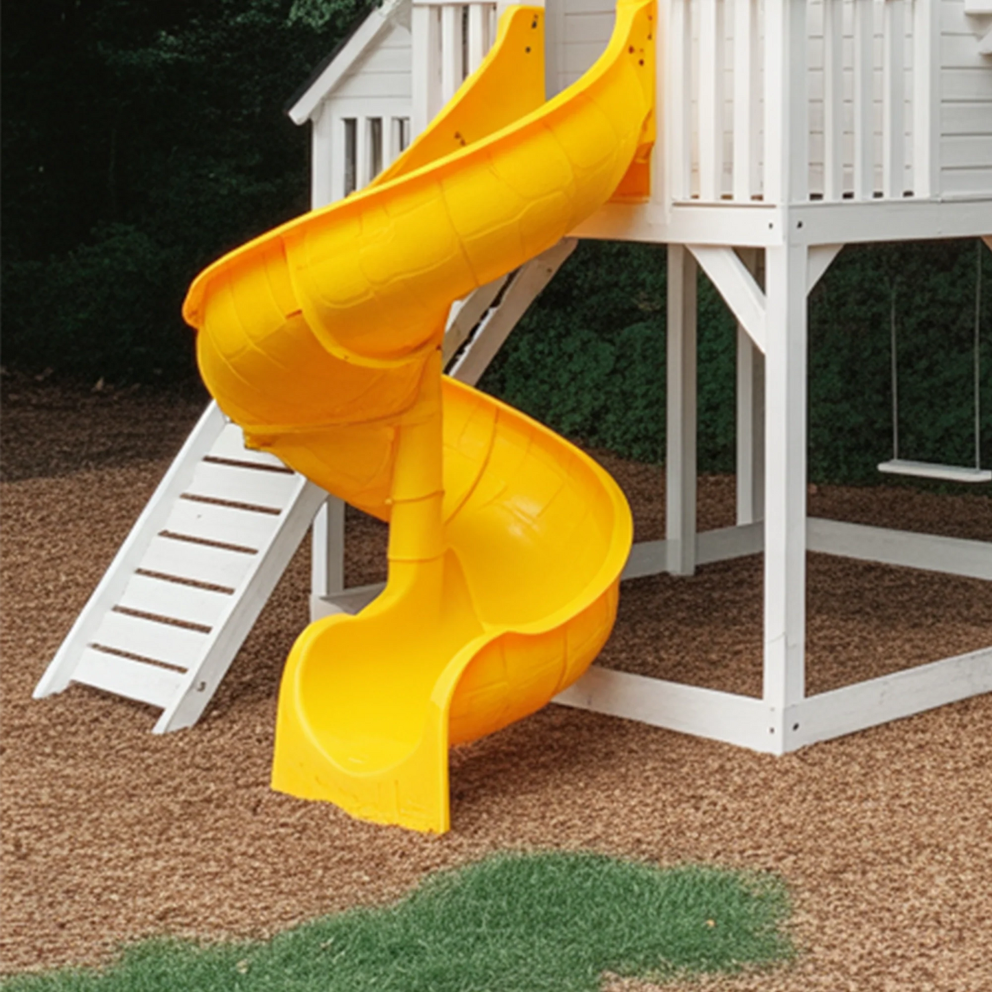 Two-Story Wooden Playhouse with Spiral Tube Slide & Swings | Outdoor Kids Backyard Playground