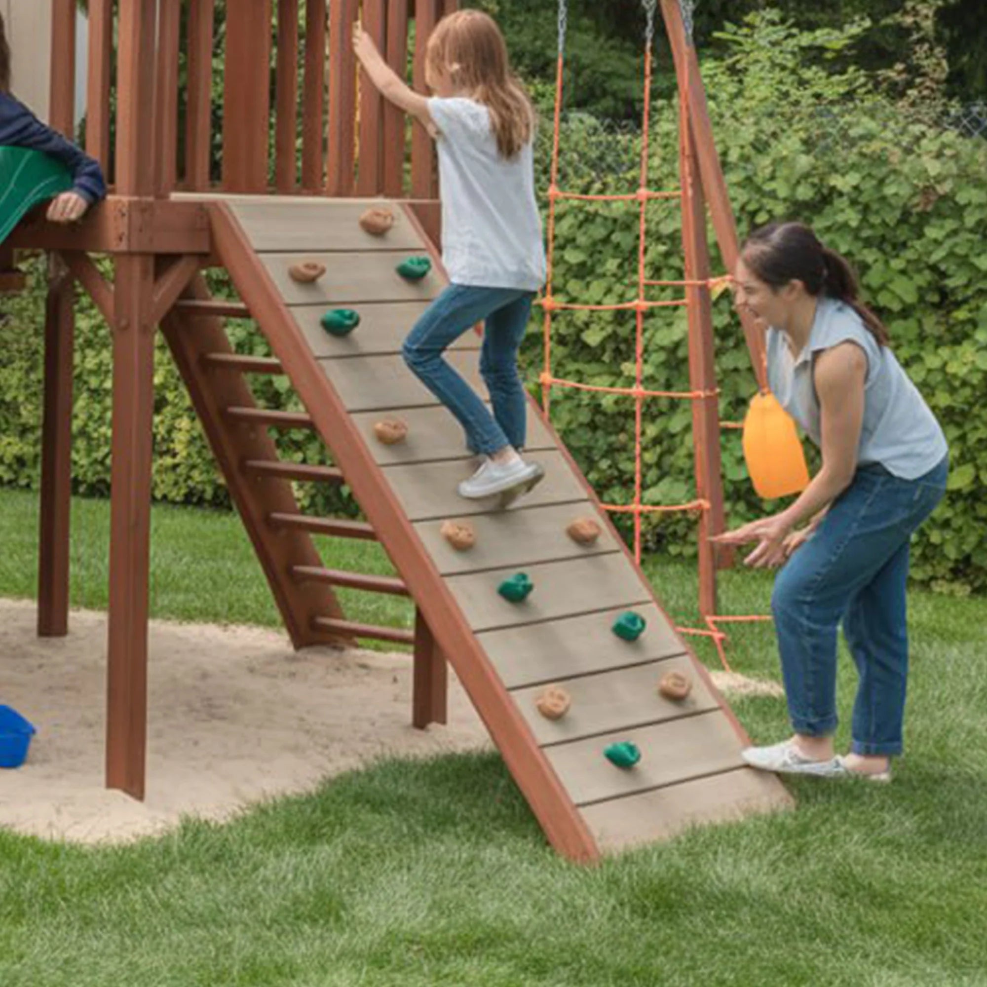 Backyard Wooden Playhouse with Dual Slides, Swings & Rock Wall – Outdoor Kids Playground Set 22x12x9 ft