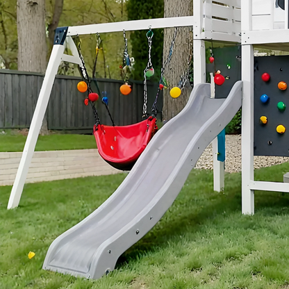 Wooden Swing Set with Double Slides & Playhouse – Outdoor Playground with Swings and Climbing Wall (19.5 ft)