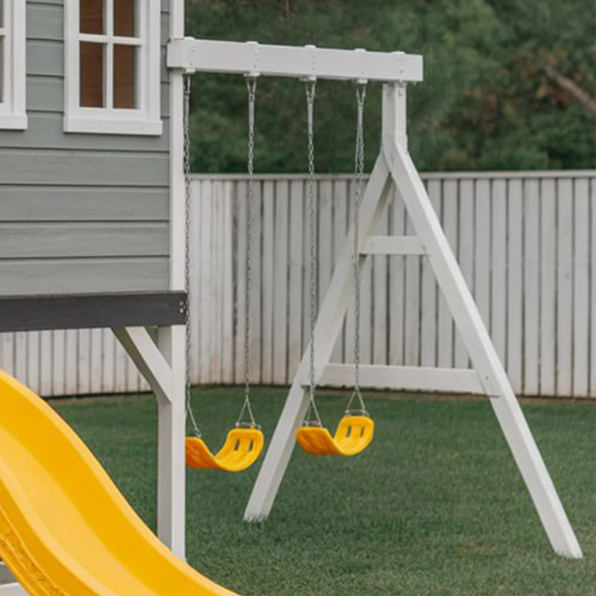 Modern Kids Playhouse with Slide and Swings – Outdoor Backyard Fun