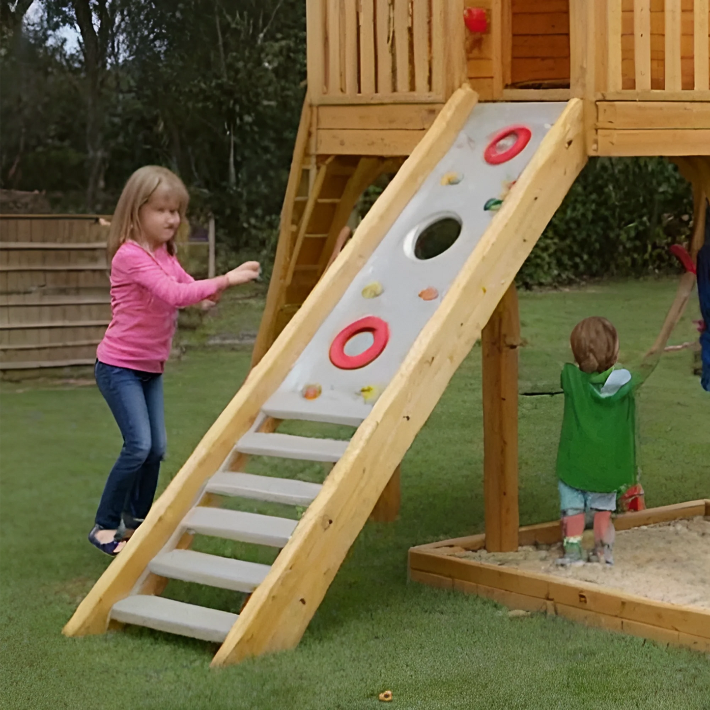 Deluxe Wooden Swing Set with Playhouse, Slides & Climbing Features
