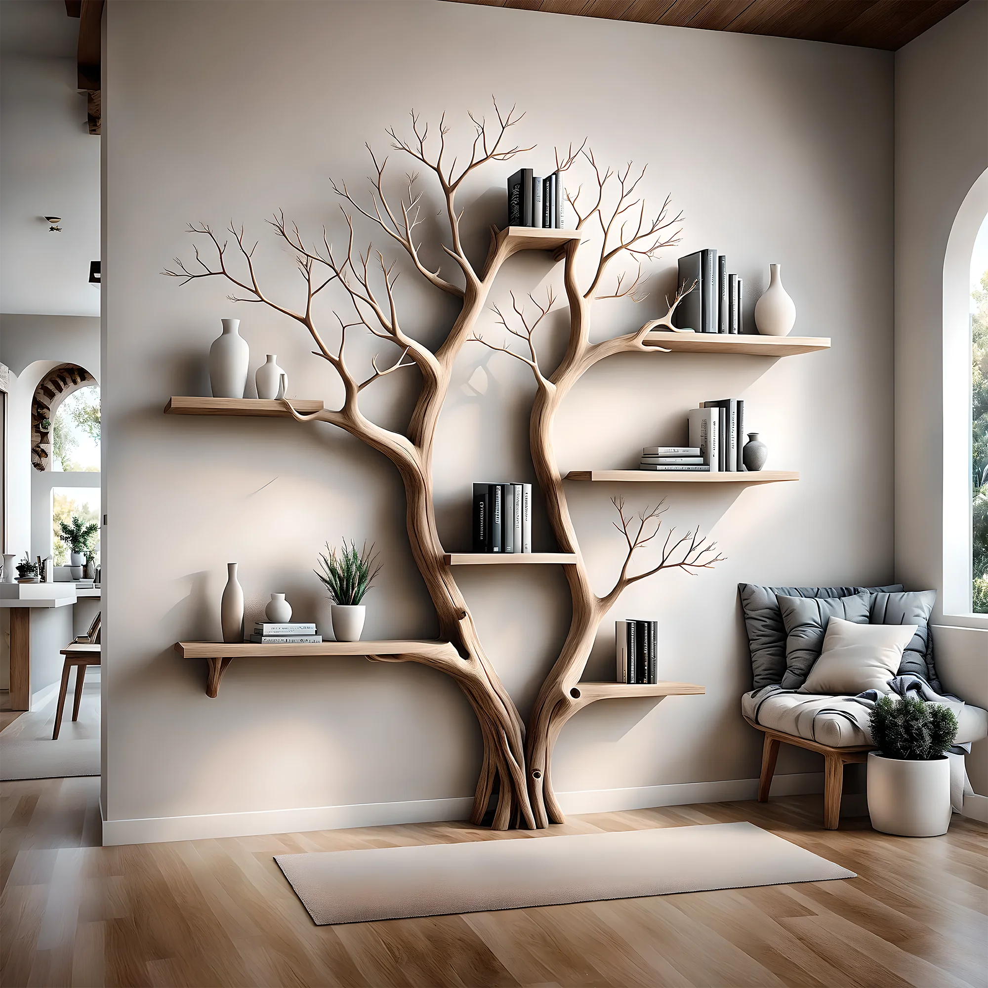 Bookshelf shaped like a tree with 2 branches, bookshelf shaped like a perennial wooden tree, living room decoration 