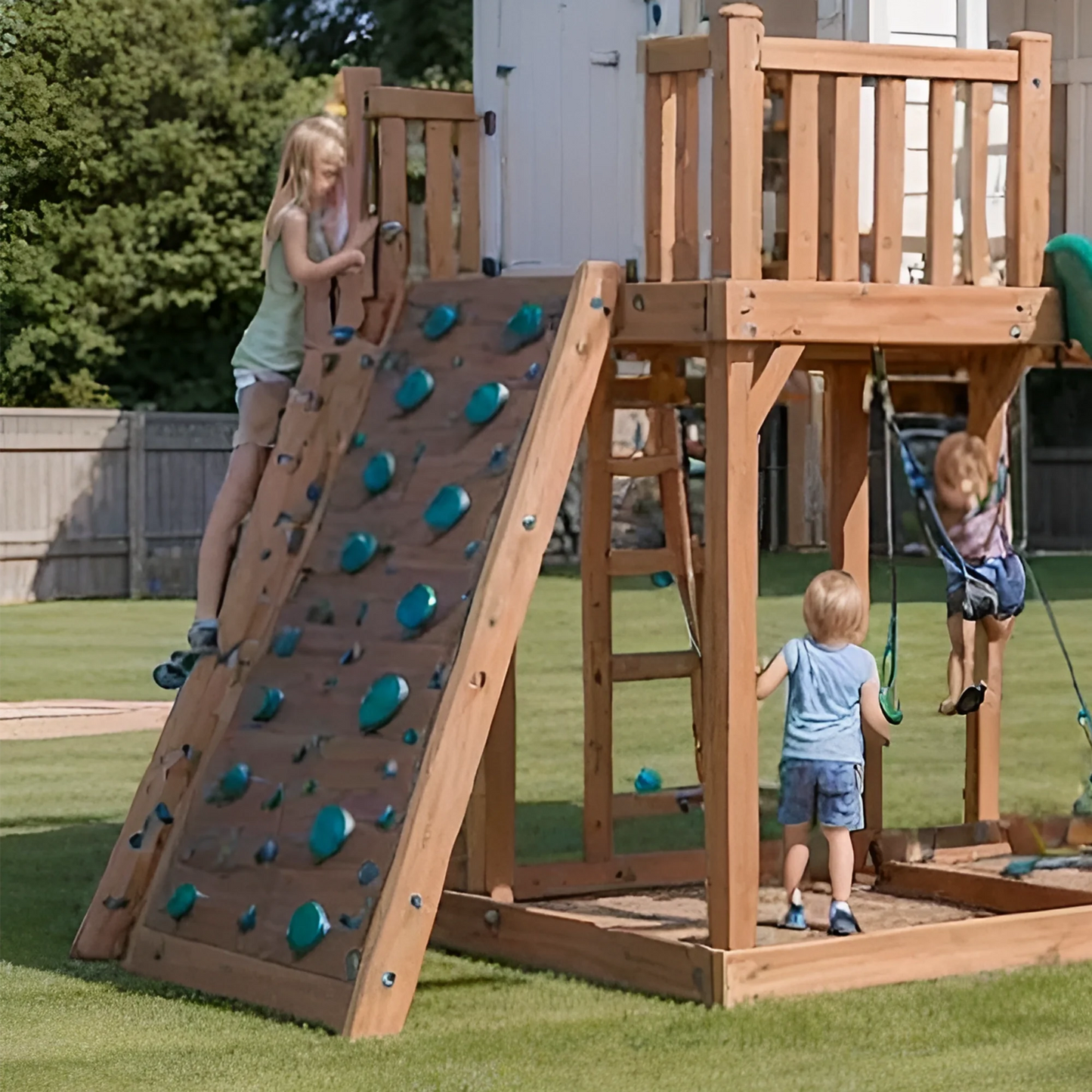 Backyard Wooden Swing Set with Playhouse, Double Slide & Climbing Wall for Kids