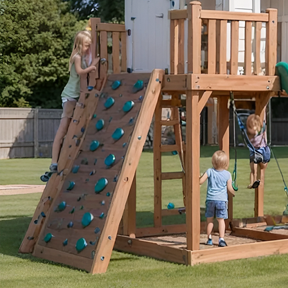 Backyard Wooden Swing Set with Playhouse, Double Slide & Climbing Wall for Kids