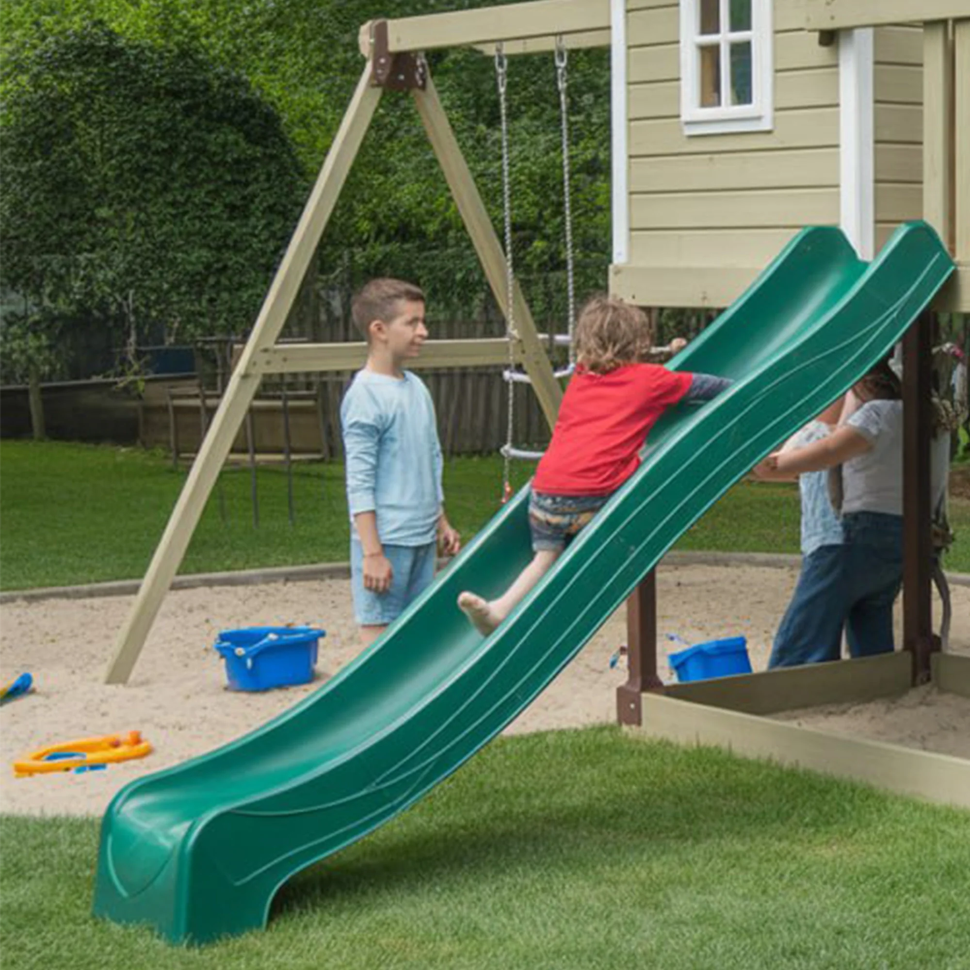 Deluxe Wooden Outdoor Playhouse with Slide, Swings & Climbing Wall – 22x12ft Backyard Playground Set