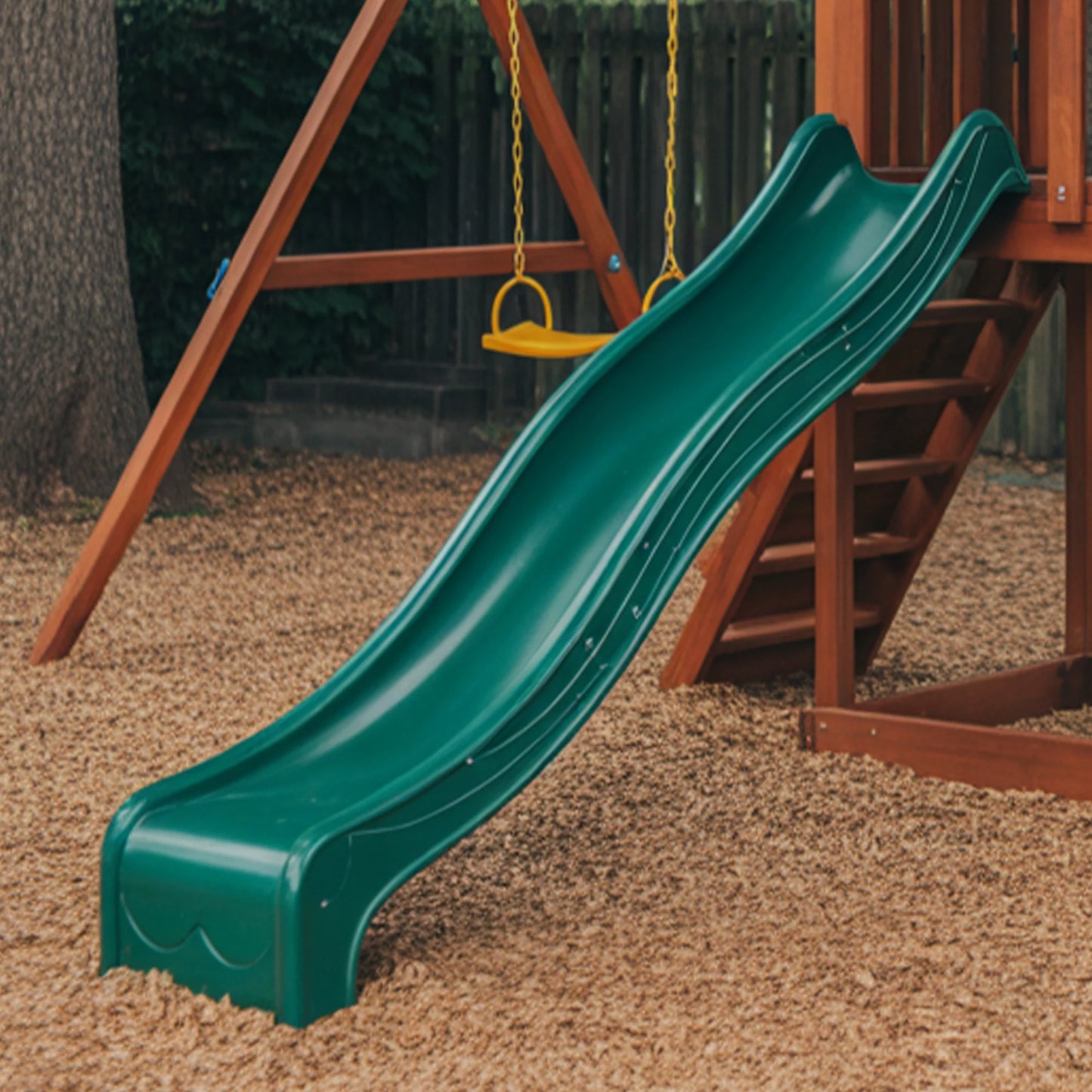 Wooden Playhouse with Slide & Swings | Compact Outdoor Playground for Kids Backyard Fun