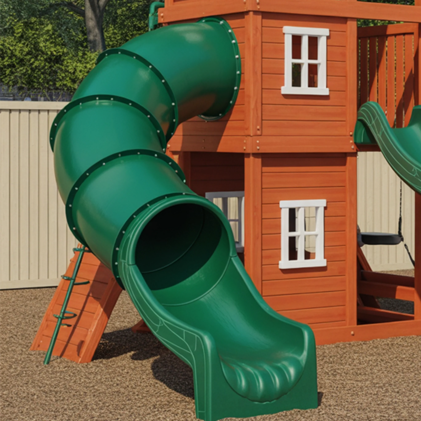 Wooden Playhouse with Double Slide & Swings | 22x12x9 ft Kids Outdoor Playground for Backyard Fun