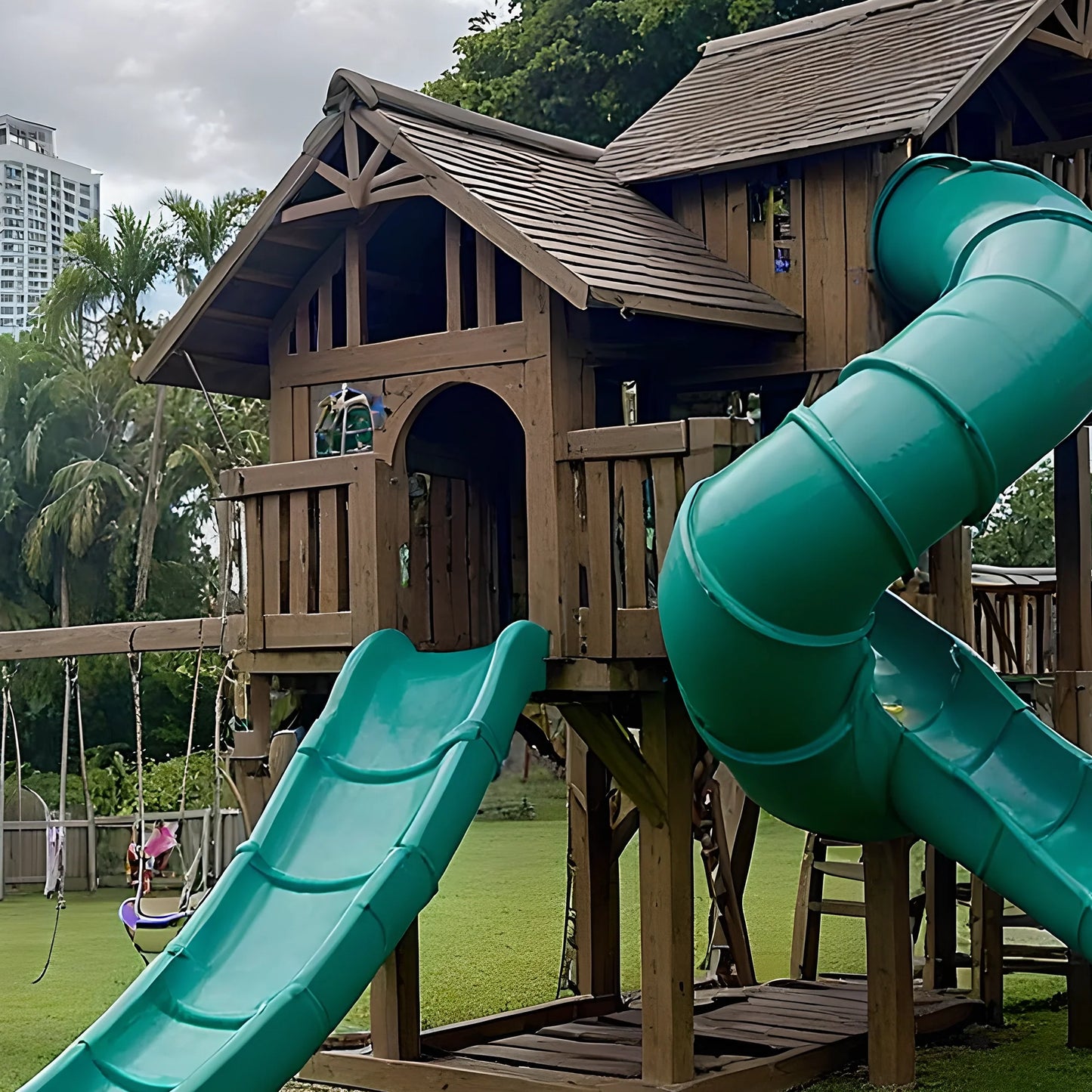 Kids Outdoor Playhouse with Swings, Dual Slides & Climbing Ladder – Wooden Swing Set