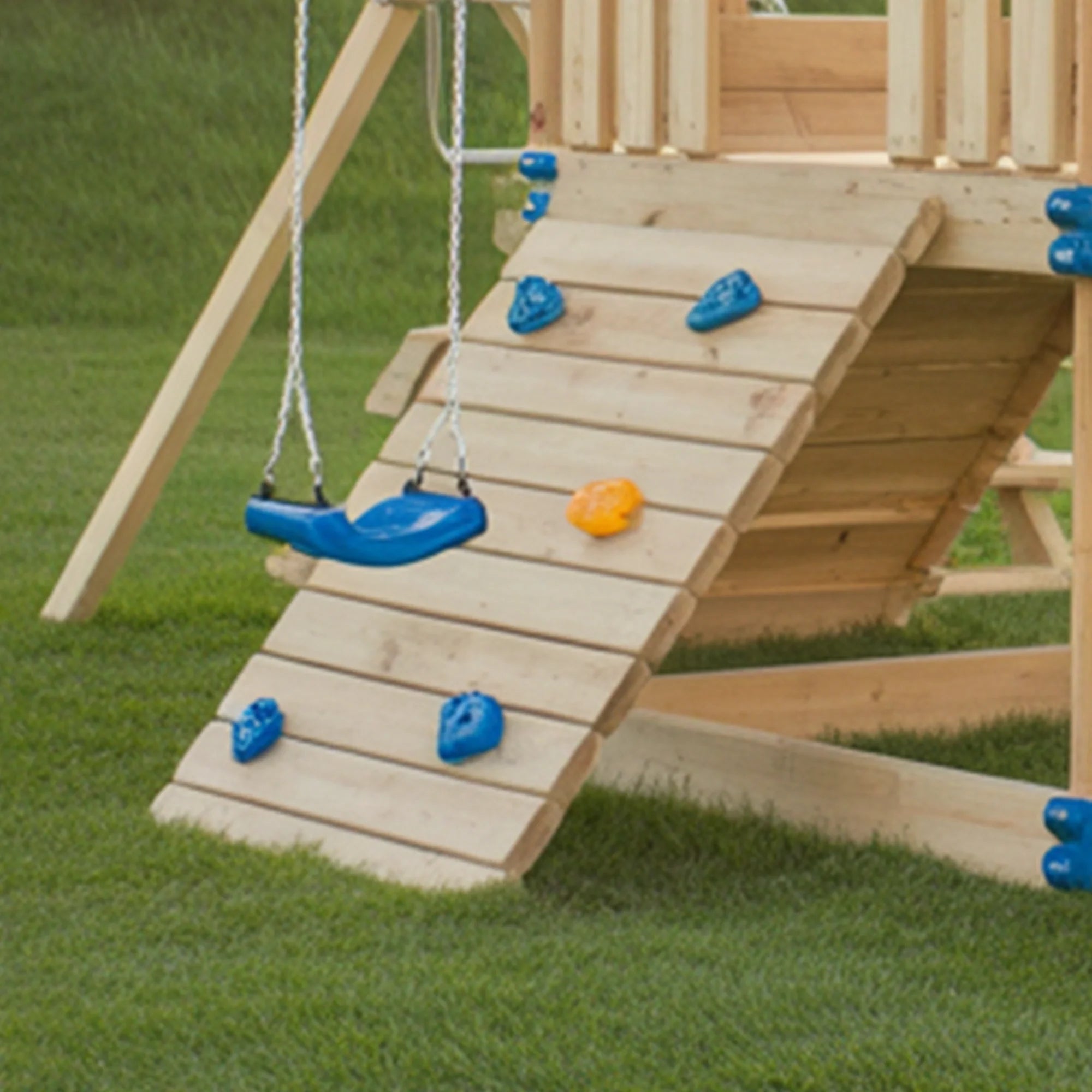 Wooden Outdoor Playhouse with Slide, Double Swings & Climbing Net – Backyard Adventure Set | 22x10x9 ft