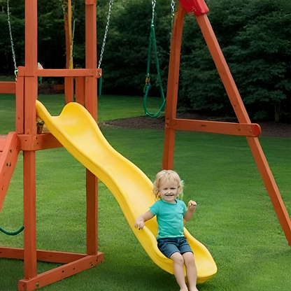 Kids Wooden Playground Set with Slide, Climbing Wall & Swings