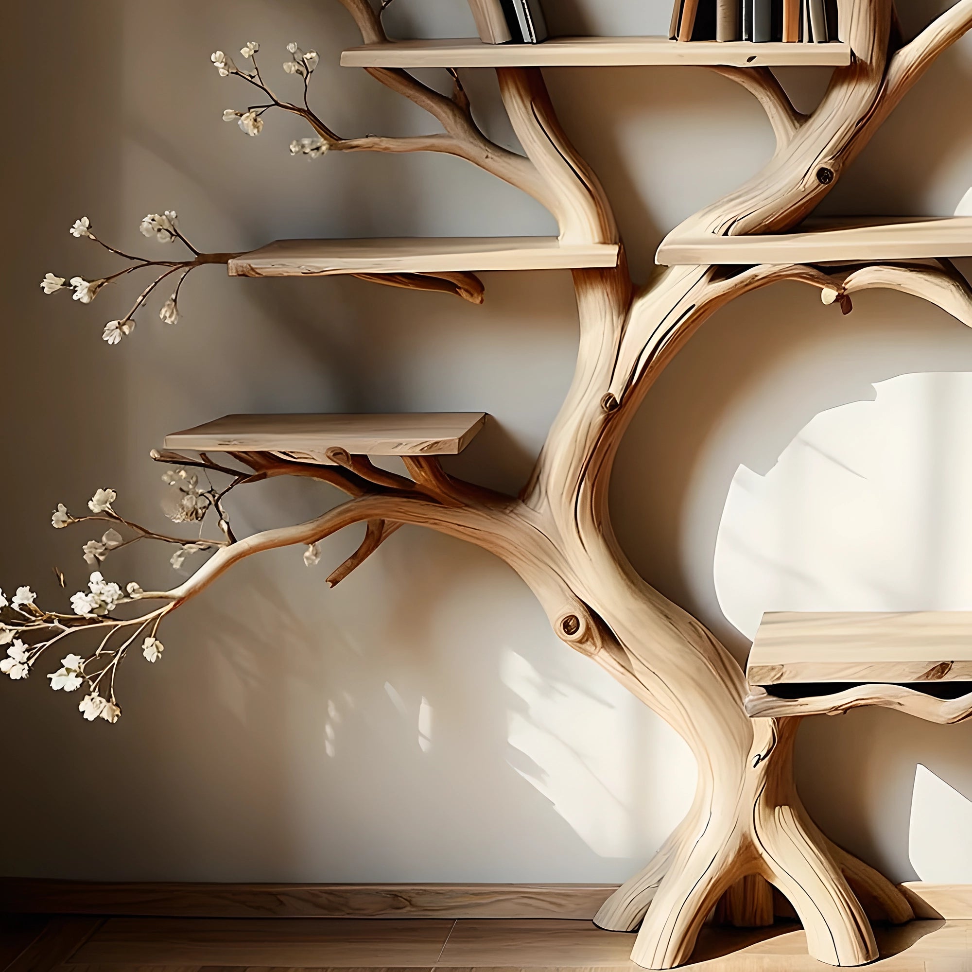 Modern rustic bookshelf in tree shape. Perfect for living rooms, nurseries, or reading nooks. 