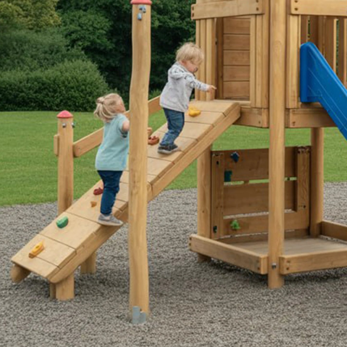 Kids Outdoor Wooden Swingset with Slide, Swings & Adventure Tower