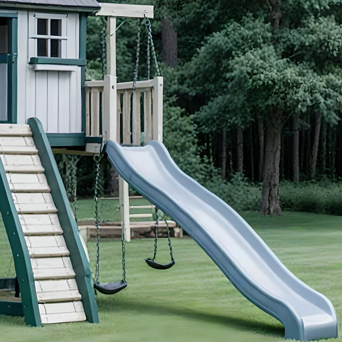 All-in-One Wooden Swing Set with Playhouse & Double Slides – Perfect Backyard Playground