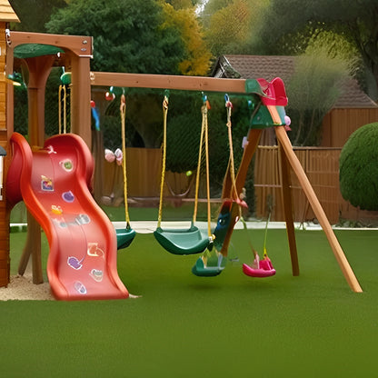 Outdoor Wooden Swingset with Spiral Tube Slide & Dual Swings