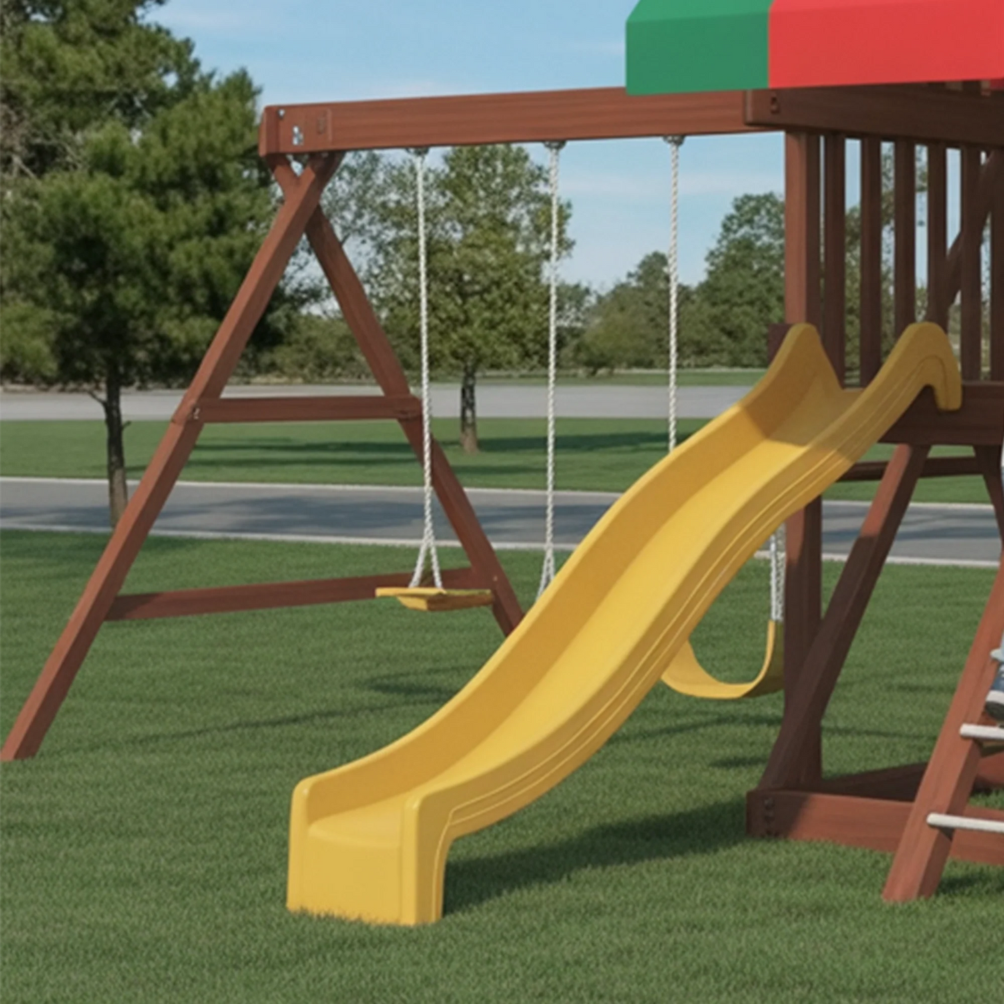 Deluxe Wooden Swingset with Dual Slides, Climbing Wall & Canopy Roof – Outdoor Backyard Playset