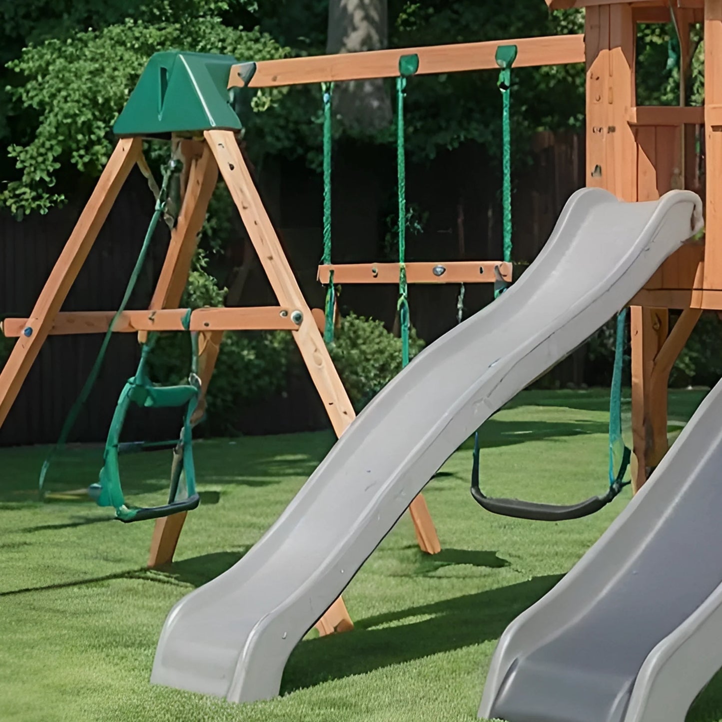 Kids Outdoor Playhouse Tower – Wooden Swing Set with Slide & Sandbox