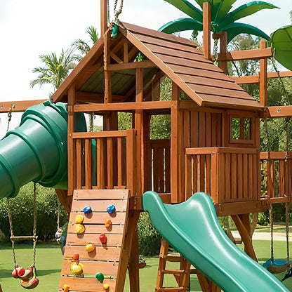 Premium Wooden Swing Set with Dual Slides, Playhouse Deck & Multiple Swings