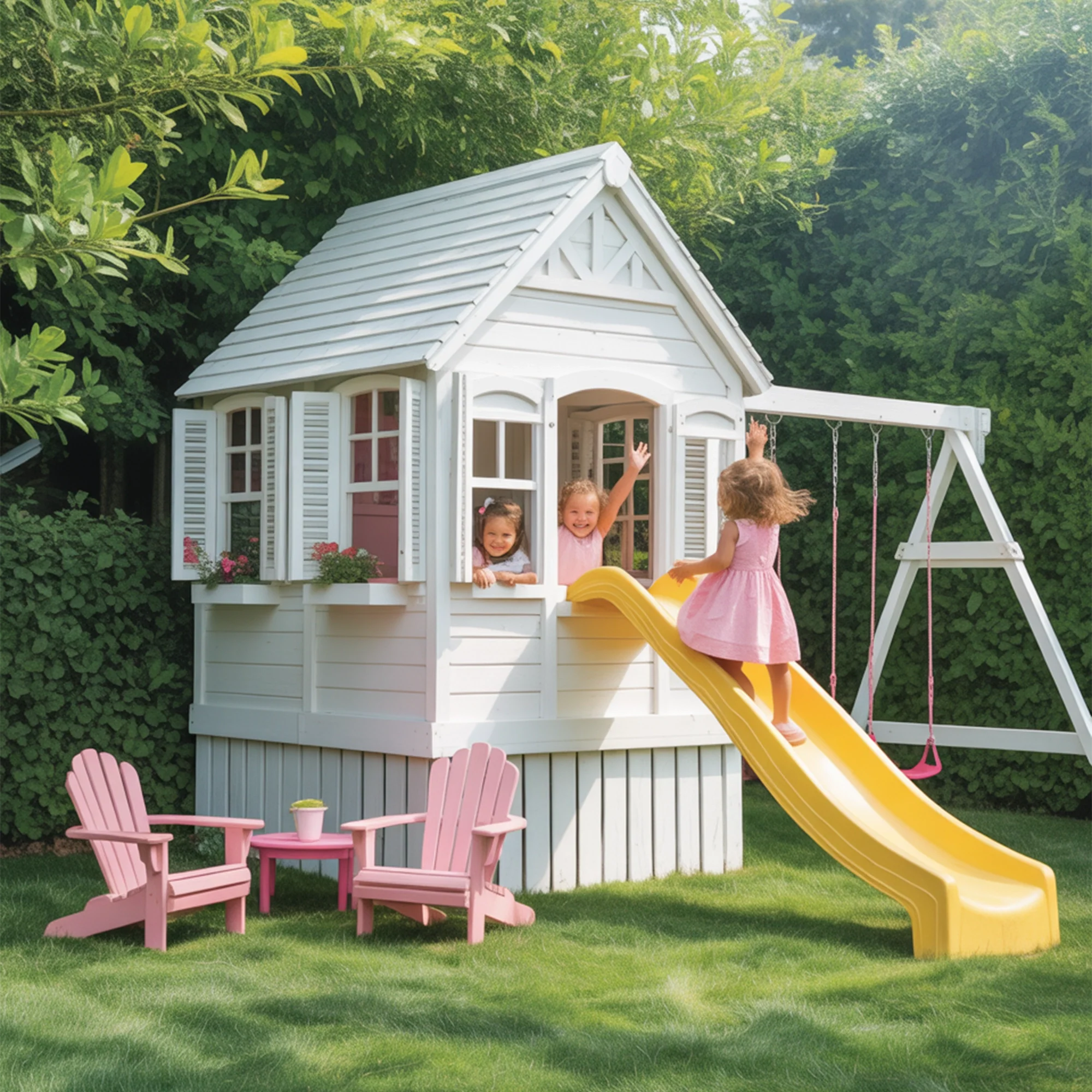 Wooden Playhouse with Slide & Swings | Tall Outdoor Kids Playground for Backyard Fun