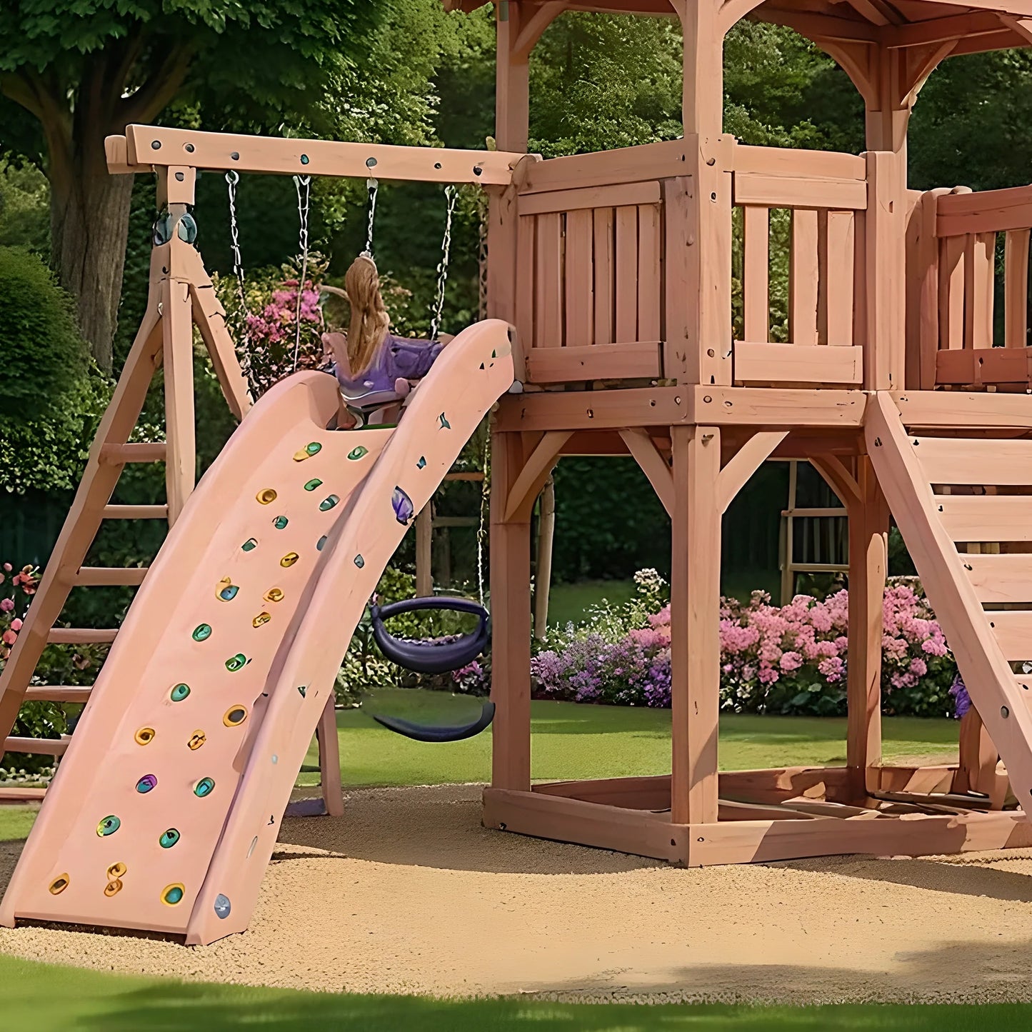 Backyard Kids Playground – Wooden Swing Set with Playhouse, Slides & Climbing Features