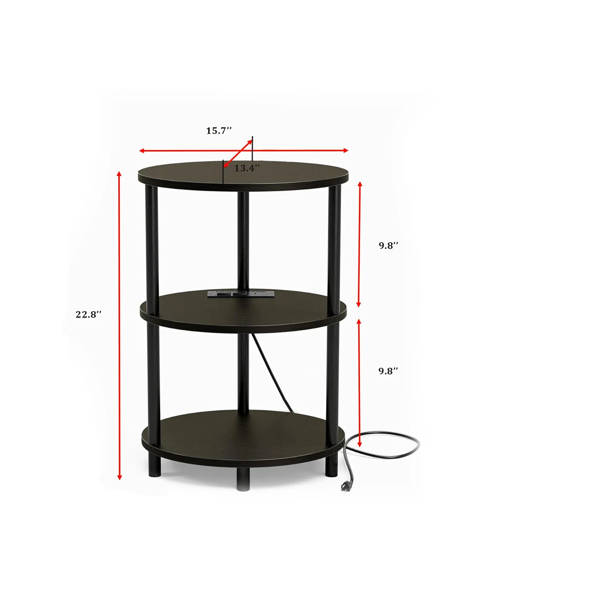 3-Tier Round End Table with Charging Ports – Black Modern Design 