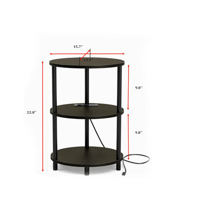 3-Tier Round End Table with Charging Ports – Black Modern Design 