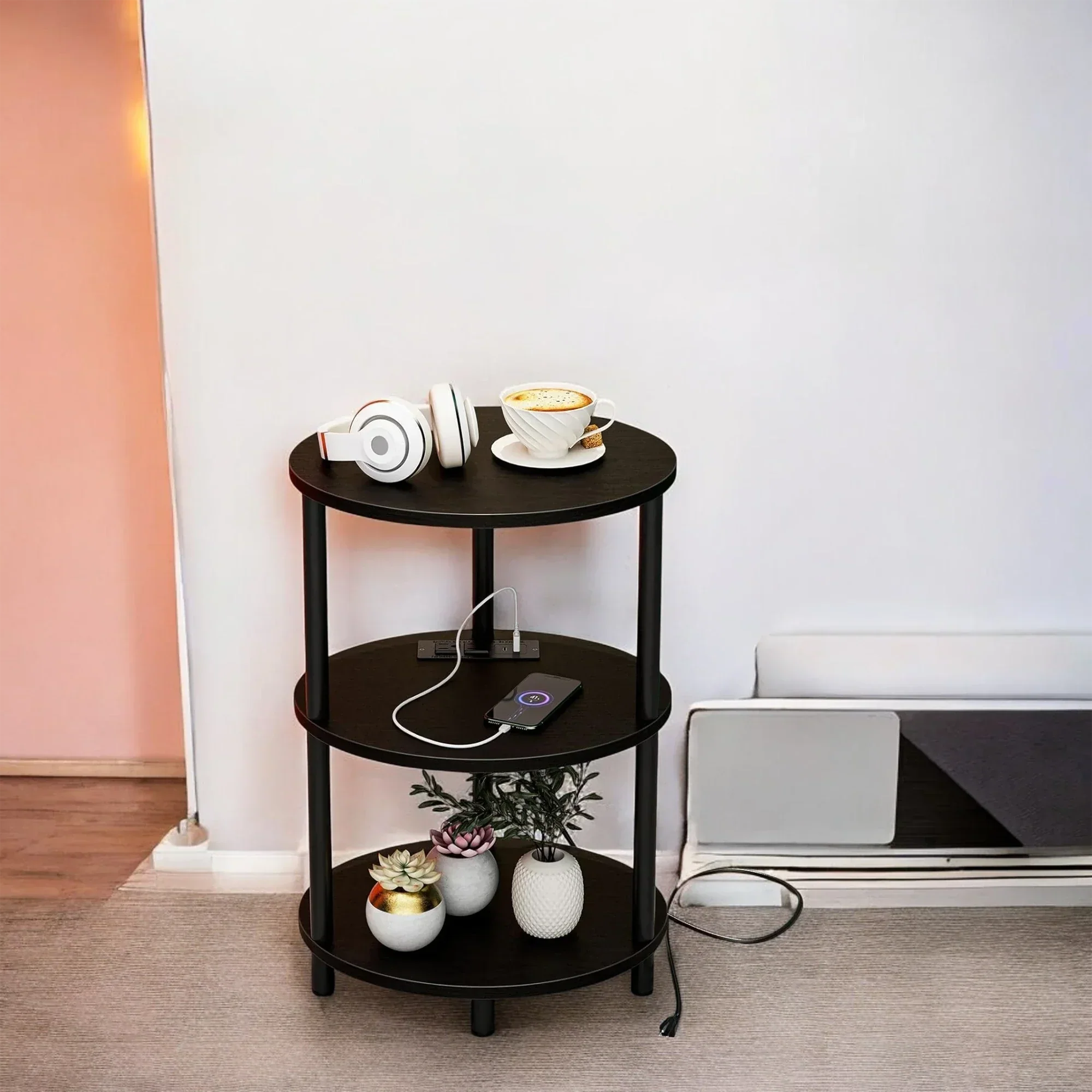 3-Tier Round End Table with Charging Ports – Black Modern Design 
