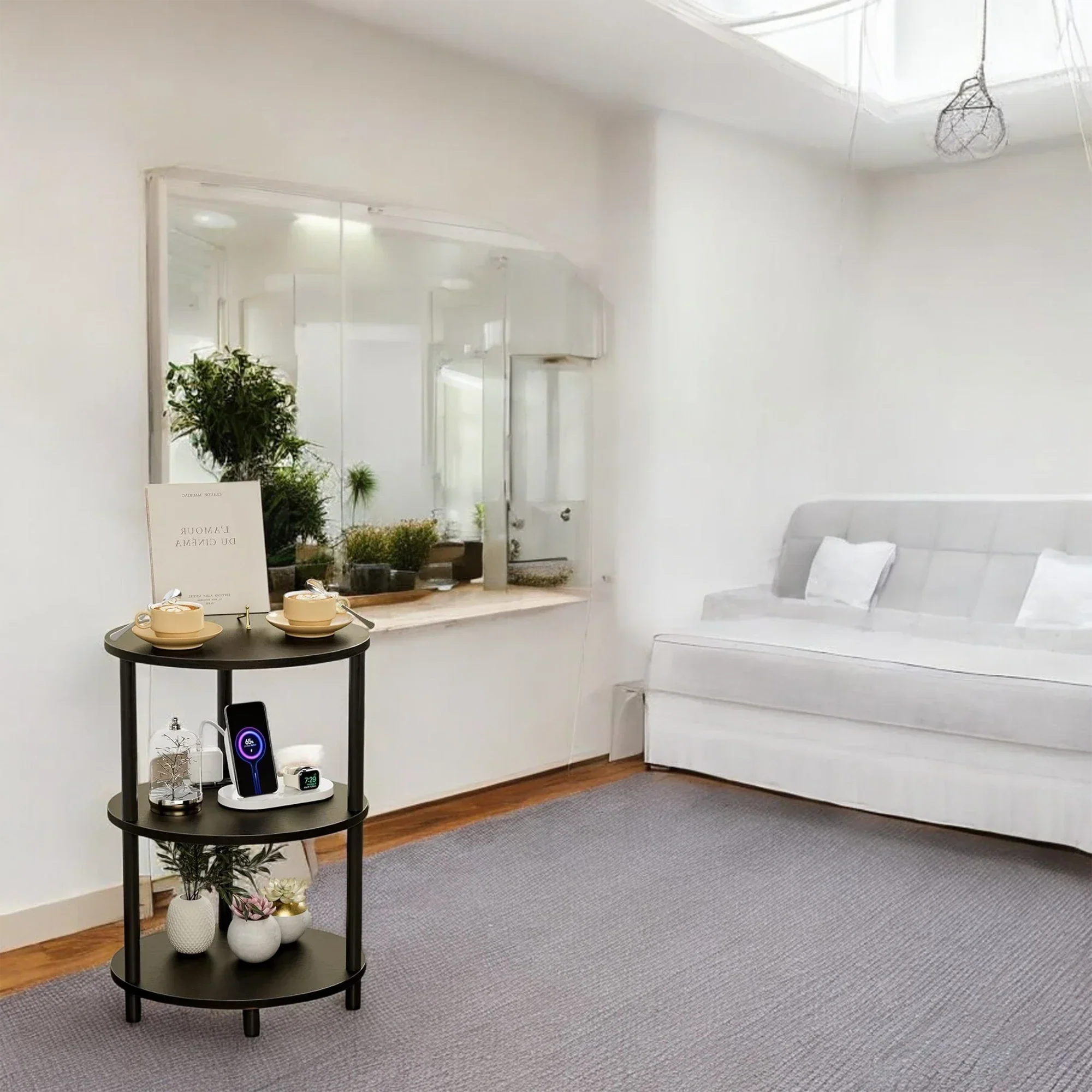 3-Tier Round End Table with Charging Ports – Black Modern Design 