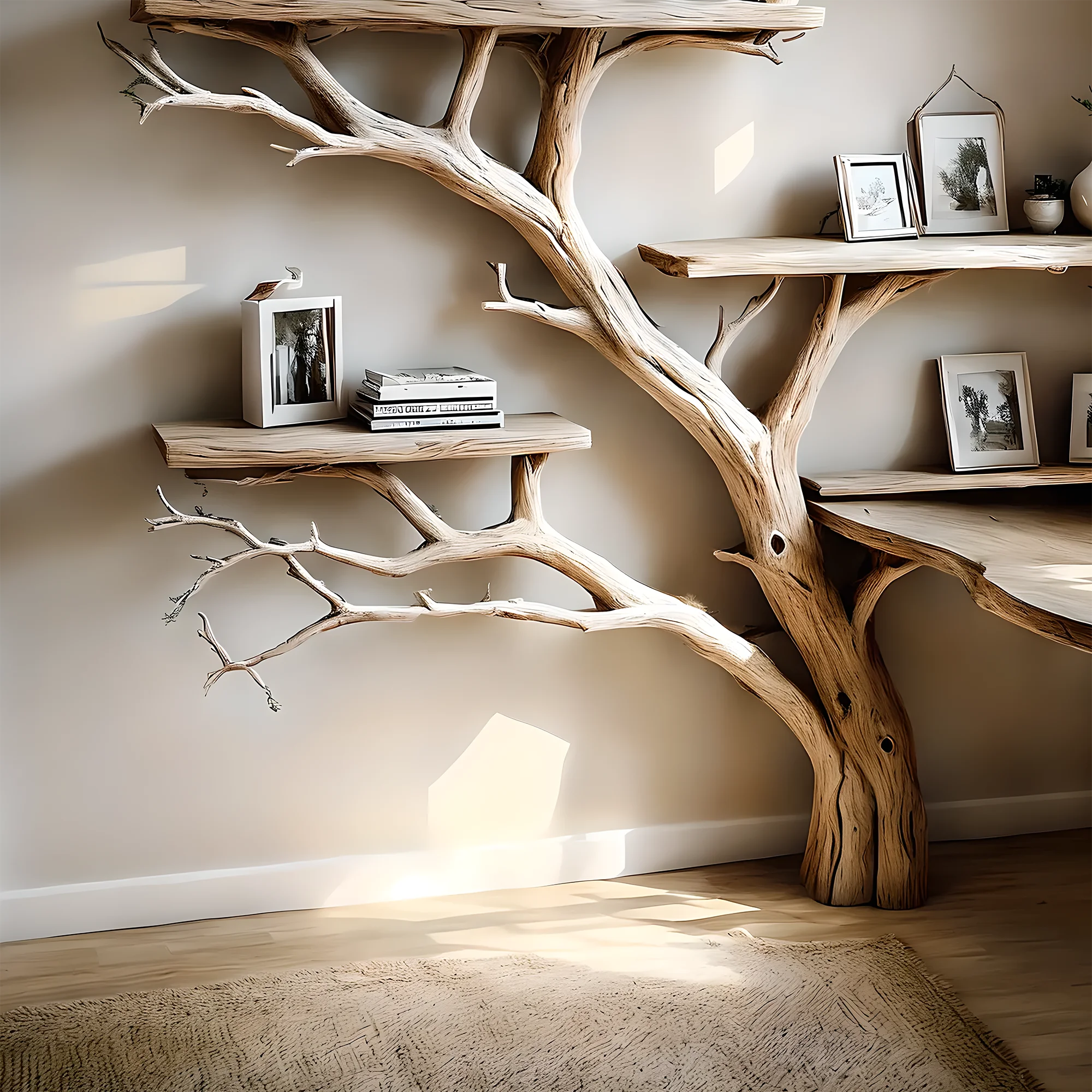 Tree-studded bookshelf, corner shelf living next to solid wood bookshelf on decorative wall 