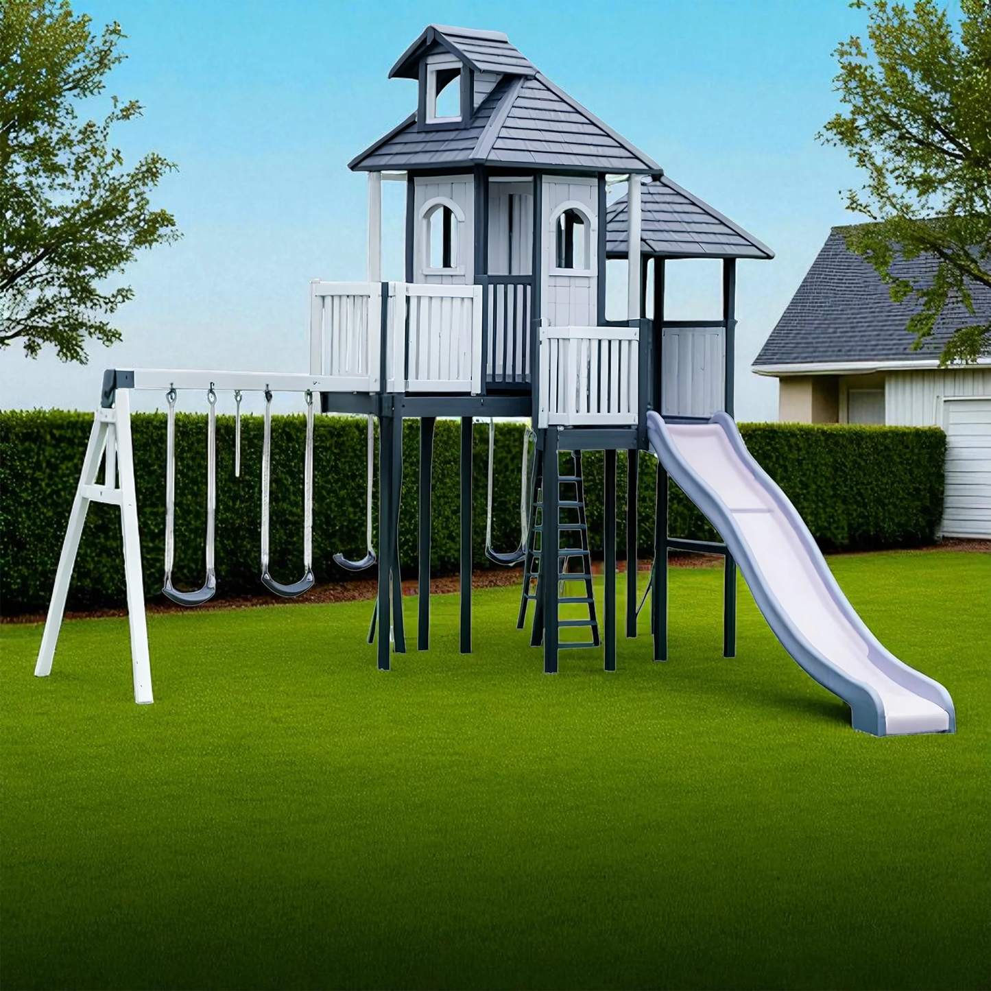 Wooden Outdoor Playset with Slide, Swings & Playhouse – Safe Backyard Playground for Kids