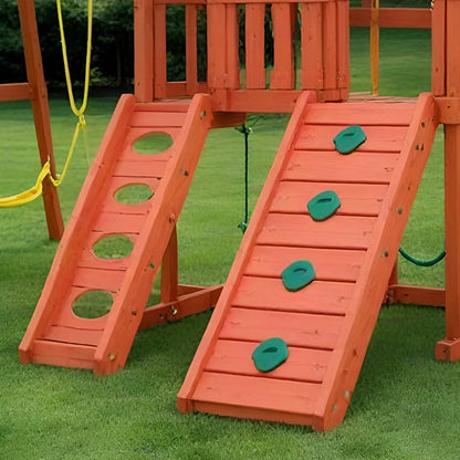 Kids Wooden Playground Set with Slide, Climbing Wall & Swings